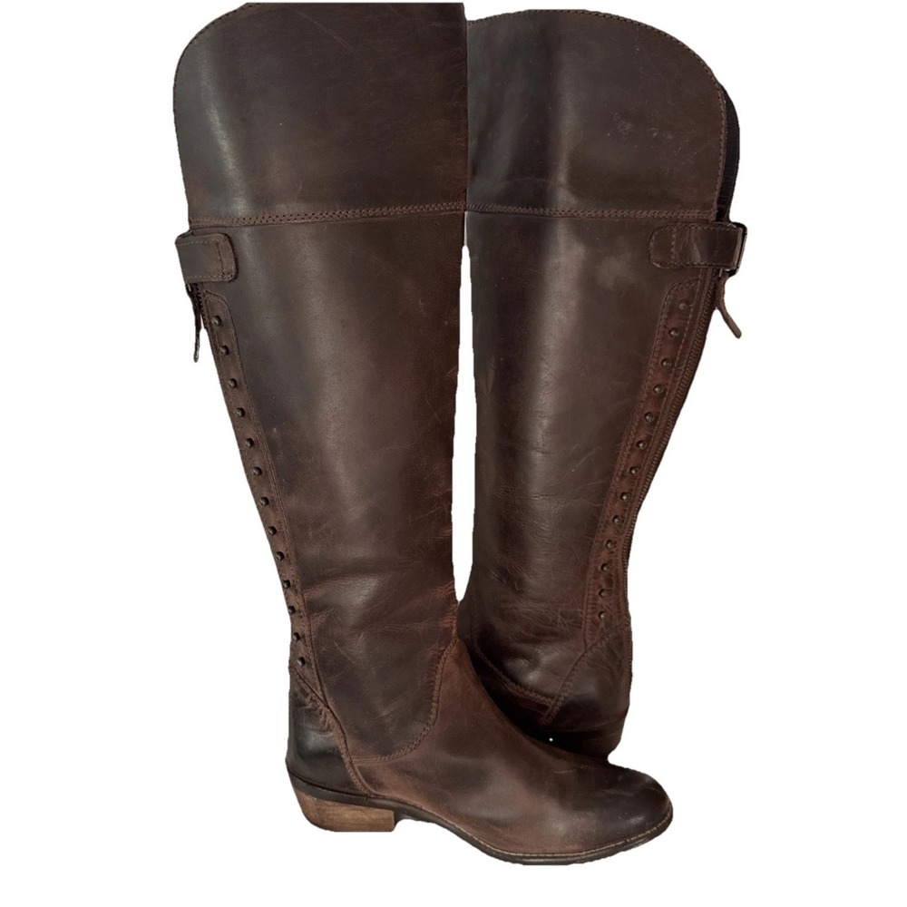 Diba Knee High Riding Boots Sutton Leather 60209 Women's Size 6.5 Rivets Zip‎ Up